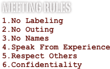 Meeting Rules
No Labeling
No Outing
No Names
Speak From Experience
Respect Others
Confidentiality